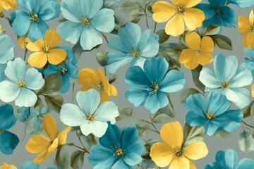 Bright blue and yellow flowers create a vibrant and cheerful pattern. The design features various shapes and sizes of petals, ideal for decorating fabrics or stationery