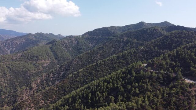 Panoramic aerial view of forested hills and valleys in the Troodos Mountains, Cyprus