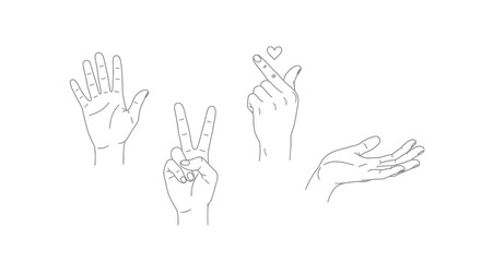 Fototapeta premium Elegant collection of various hand gestures in a minimalist line art style, including the peace sign and finger heart symbol