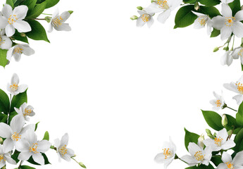 White jasmine flowers in a black frame.  A border of  jasmine blossoms and leaves surrounds a dark center