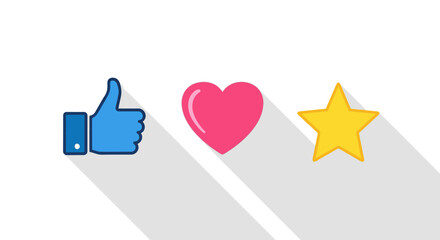 Set of user feedback and rating icons thumbs up, heart, and star in a clean, flat vector style with a long shadow effect