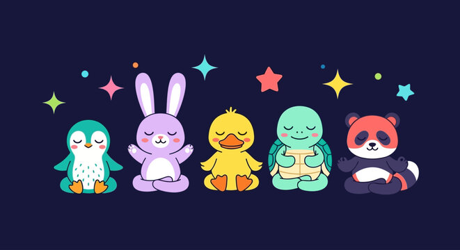A whimsical group of cute cartoon animals meditating in a row under the stars. Adorable illustration of a penguin, rabbit, duck, turtle, and panda finding inner peace - Powered by Adobe