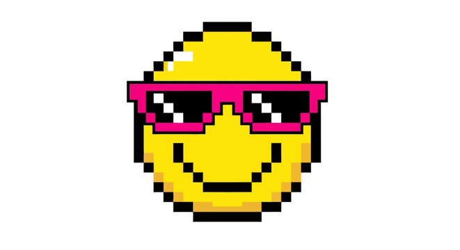 A cheerful pixel art emoticon of a yellow smiley face wearing cool pink sunglasses, a retro 8-bit graphic icon for digital fun