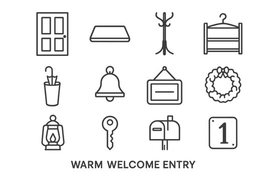 Warm Welcome Icons. Warm welcome entry. Line icon set of warm welcome entry: front door, doormat, coat rack, shoe rack, umbrella stand, bell, welcome sign,