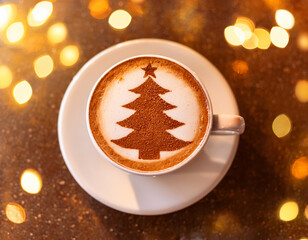 Top view of a cappuccino with a Christmas tree design made from cocoa powder, placed on a wooden surface with warm golden bokeh lights creating a festive atmosphere.