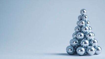 Pyramid of shiny silver spheres against minimalistic light blue background