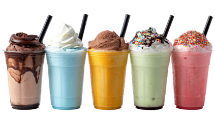 Five colorful blended drinks, each in a clear plastic cup, topped with whipped cream and various toppings.  A dark straw is inserted into each
