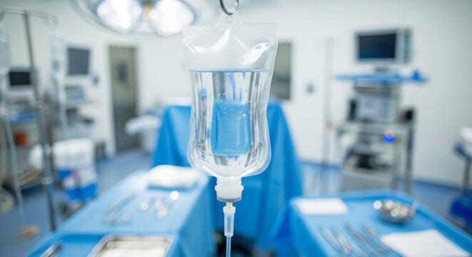 Saline drip bag hanging in hospital operating room with medical equipment