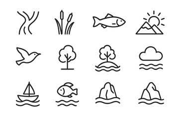 River Delta Icon Set. River delta. Line icon set of river delta: branching river, reeds, fish, wave, mountain, sun, bird, tree, island, cloud, boat, rock. All