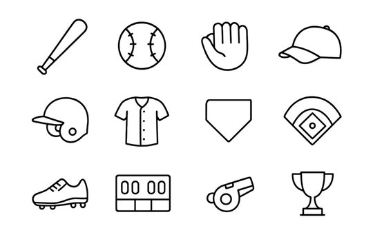 Baseball Icon Set. Baseball. Line icon set of baseball: baseball bat, ball, glove, cap, helmet, jersey, home plate, diamond field, cleats, scoreboard, whistle,