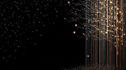 Magical winter tree with glowing lights and falling snowflakes on a starry night