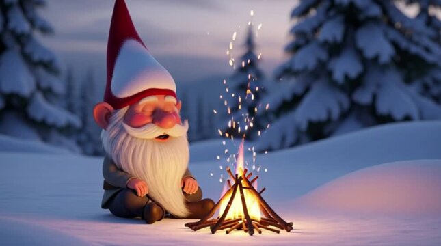 Gnome Cozy Campfire in Winter: A cheerful gnome with a long white beard and a pointed hat enjoys the warmth of a crackling campfire amid a serene, snow-covered winter landscape.