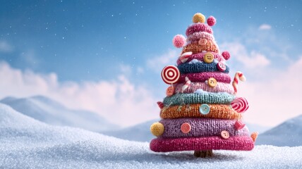 Whimsical knitted christmas tree adorned with buttons and candy in snowy landscape