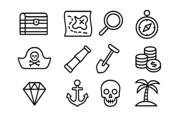Fototapeta premium Treasure Hunt Icons. Searching for hidden treasure. Line icon set of searching for hidden treasure: treasure chest, map, magnifying glass, compass, pirate hat,