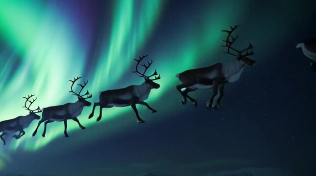 Northern Lights and Reindeer: A stunning view of reindeer gracefully moving beneath a celestial display of the aurora borealis, the dance of light across the night sky. 