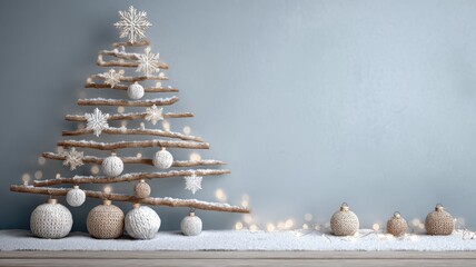 Minimalist christmas tree with wooden branches and white decorations against soft gray background