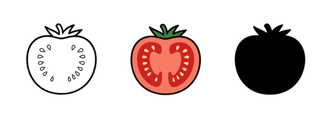 Three Tomato Slices Showing Cross Section in Outline Color and Silhouette