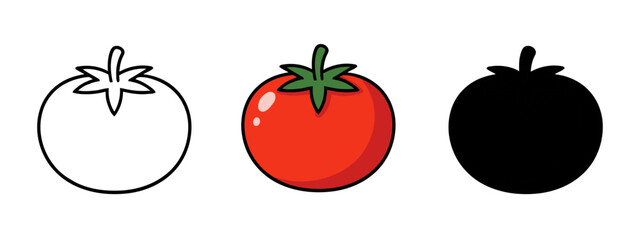 Cartoon style image of a tomato in three forms: line drawing, colored, and silhouette