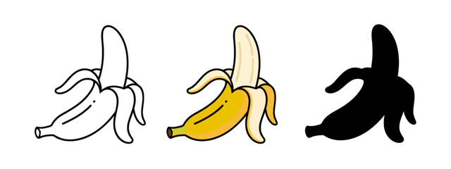 Banana Fruit Set: Outline, Color, and Silhouette Style Icons on Isolated White Background