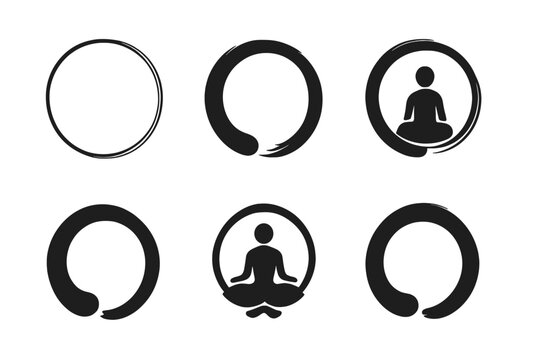 Zen Emblems Collection. Learning mindfulness for stress relief. Icon set. Set Logo of Learning mindfulness for stress relief: Zen circle (Enso). harmonious