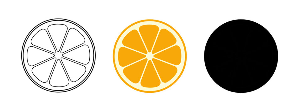 Presentation of an orange fruit cut with various illustration styles on white