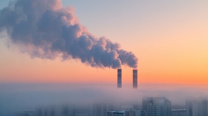 Urban Chimneys at Twilight Send Pollution Plumes Skyward, Casting a Somber Beauty at Sunset