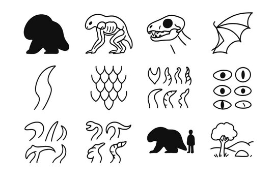 Creature Design Icons. Creature design sketch. Line icon set of creature design sketch: silhouette blob, anatomy overlay, skull study, claw shape, scale