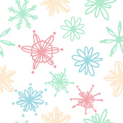 Abstract snowflake patterns with colorful designs on white background  