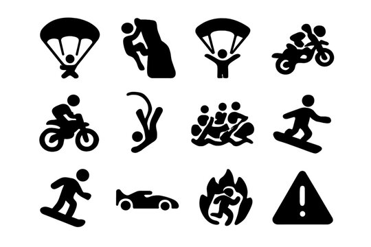 Extreme Sports Icons. High-Risk Activities. Solid icon set of High-Risk Activities: parachuting, rock climbing, base jumping, skydiving, motocross, bungee