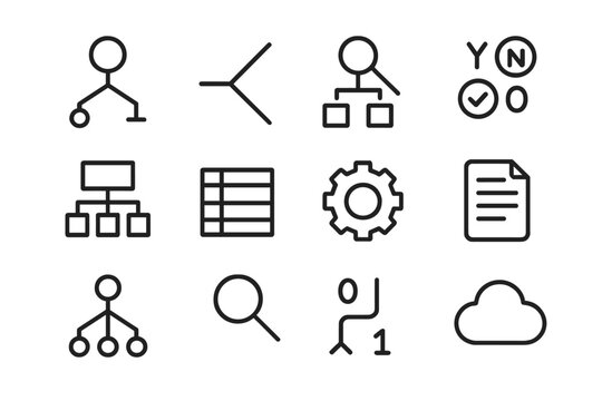 Decision Tree Icons. Decision trees. Line icon set of decision trees: tree node, branch line, split icon, yes no circle, box diagram, dataset, gear, document,