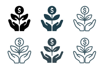 Obraz premium Family Budgeting Icons. Family budgeting. Icon set. Set Logo of family budgeting: family hand holding money sprout. harmonious logo variations of the same