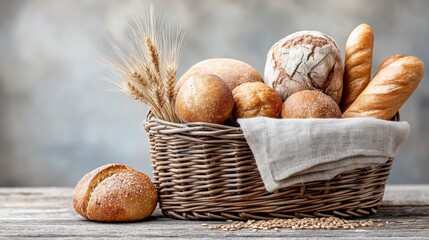 Rustic basket with assorted breads dusting of flour and wheat stalks, warm morning light, woven basket filled with baguettes, loaves and rolls with golden