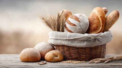 Rustic basket with assorted breads dusting of flour and wheat stalks, warm morning light, woven basket filled with baguettes, loaves and rolls with golden