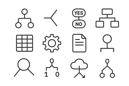 Decision Tree Icons. Decision trees. Line icon set of decision trees: tree node, branch line, split icon, yes no circle, box diagram, dataset, gear, document,
