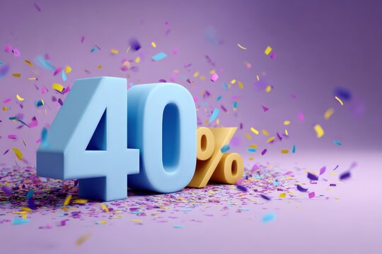 Colorful 40 percent celebration with confetti on purple background