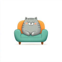 An extremely round and relaxed blue-grey cartoon cat, eyes closed in contentment, nestled comfortably into a teal and orange armchair