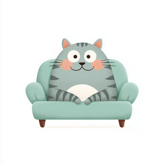 Fototapeta premium A plump, friendly, blue-grey tabby cat with rosy cheeks and a wide smile relaxing deeply in a small, teal armchair, rendered in a charming, rounded cartoon style