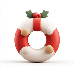 Whimsical 3D rendered cartoon icon of a lifebuoy or life preserver ring decorated with classic Christmas elements like red and white stripes and holly leaves, isolated on a clean white background