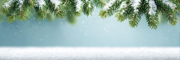 Horizontal Christmas banner background with snow-dusted natural green pine or fir branches creating an overhead border, set against a gentle blue, snowy, and lightly blurred backdrop 