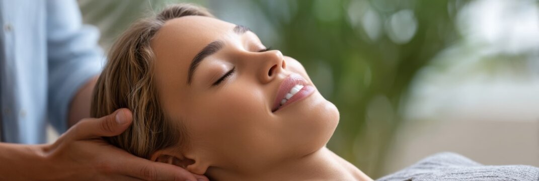 Relaxed caucasian young woman enjoying face massage therapy session indoors