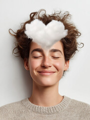 Close-up, conceptual portrait of a young adult woman with curly hair and a subtle, genuine smile, posing against a white wall.
