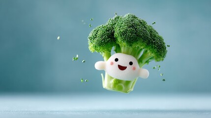 Broccoli Character's Joyful Leap Toward a Healthier Lifestyle, Showcasing Childlike Wonder and Vegetarianism