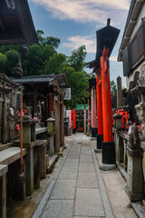 Granite lanterns, fox statues with red bibs, and miniature torii line a stone path at Fushimi Inari...