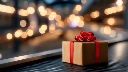 Gift Box Travels on Conveyor Belt Amid Festive Bokeh Lights, Holiday Season Deliveries