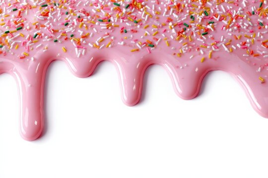 Dripping pink icing with colorful sprinkles on white background