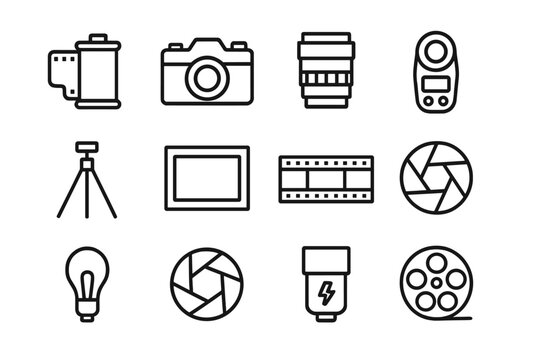 Film Photography Icons. Film photography. Line icon set of film photography: film roll, camera, lens, light meter, tripod, frame, negative strip, shutter,