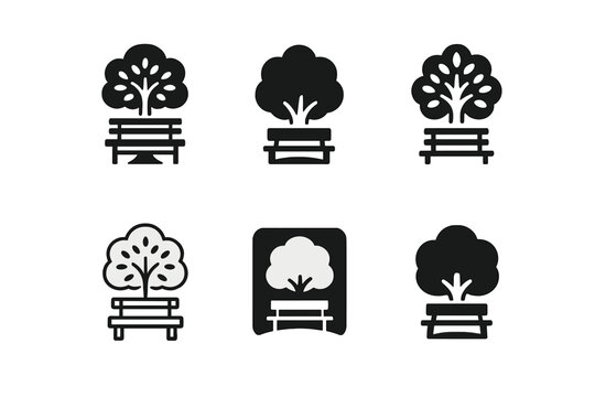 Bench Logo Variations. Empty bench. Icon set. Set Logo of empty bench: bench under tree. harmonious logo variations of the same emblematic concept, each with