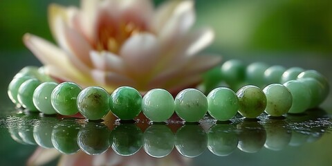 Jade Bracelet of Serenity Sits Before a Lotus Blossom, Embodying Peace and a Gift of Nature's Beauty