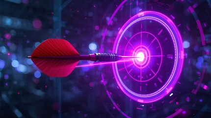 Red dart hitting the center of a glowing neon purple digital target, symbolizing accuracy, focus, innovation and success in technology, data strategy and goal achievement