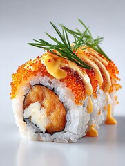 Delicious Dragon Roll Sushi With Tobiko, Creamy Sauce, and Sprigs of Green Resting on a White Reflective Surface